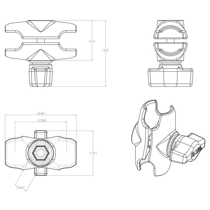 RAM MOUNT DOUBLE SOCKET EXTENSION SHORT