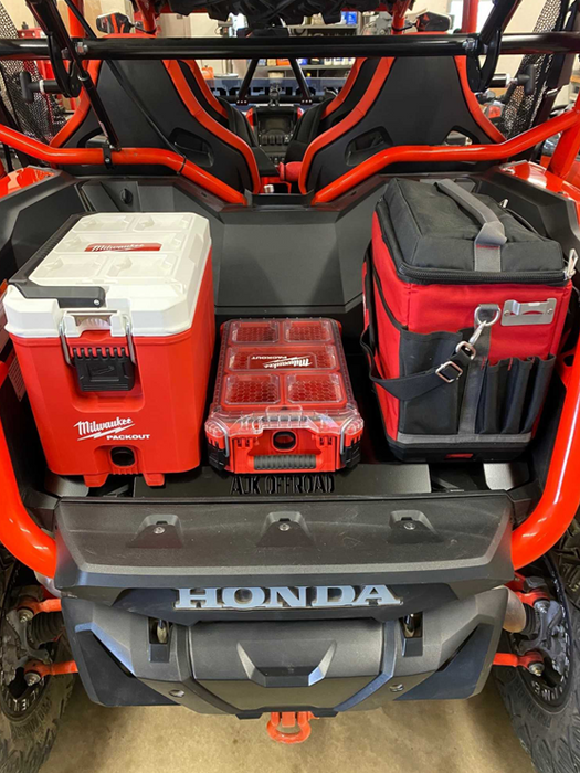 Honda Talon Milwaukee Packout Mount 1.5 by AJK Offroad with a cooler, kit, and another cooler