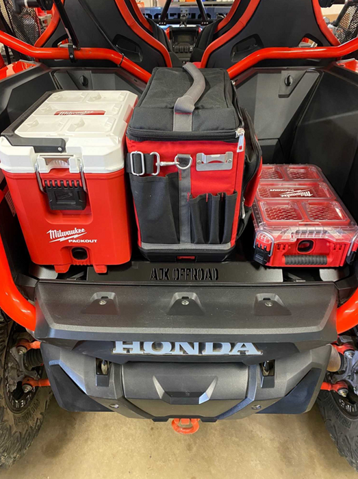 Honda Talon Milwaukee Packout Mount 1.5  by AJK Offroad with two coolers and a kit