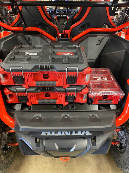 Honda Talon Milwaukee Packout Mount 1.5 by AJK Offroad with two stacked wide kits and one small kit