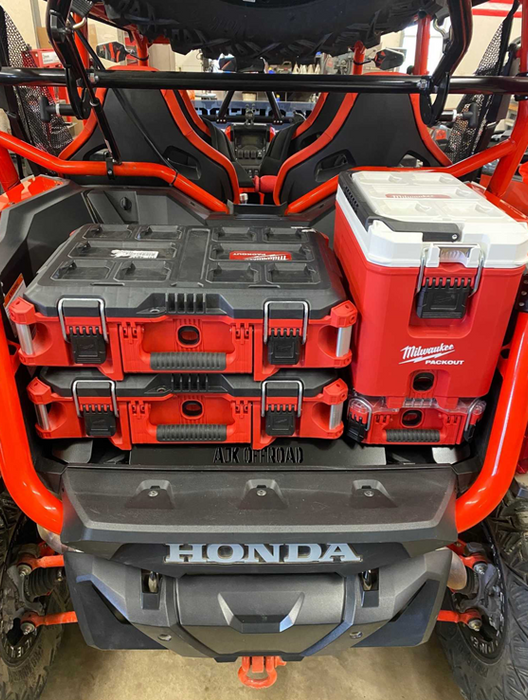 Honda Talon Milwaukee Packout Mount 1.5 by AJK Offroad installed with three kits and a cooler