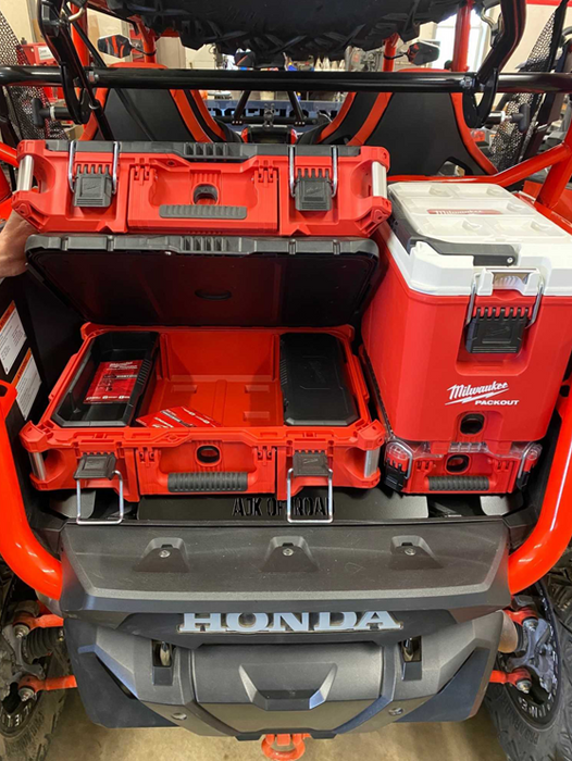 Honda Talon Milwaukee Packout Mount 1.5 by AJK Offroad with cooler closed by one wide kit open on display