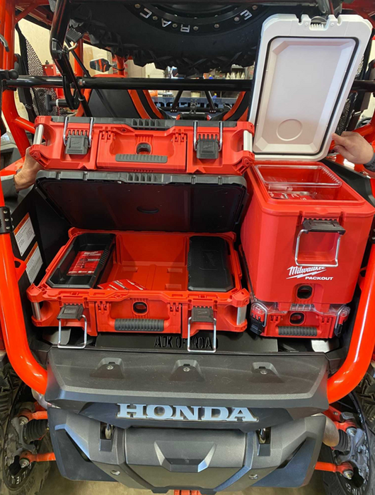 Honda Talon Milwaukee Packout Mount 1.5 by AJK Offroad with cooler and one kit opened and on display