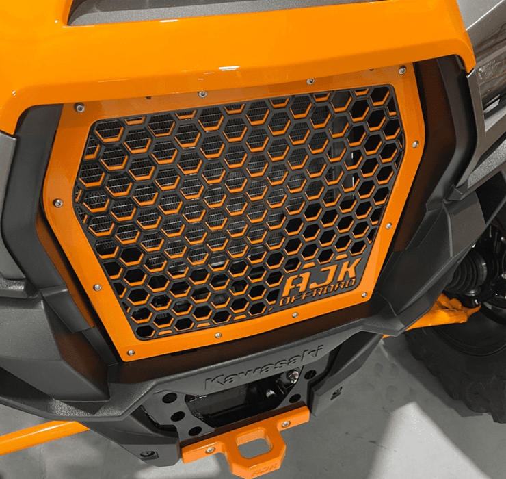Kawasaki KRX Front Grill by AJK Offroad in Orange Left Front View 
