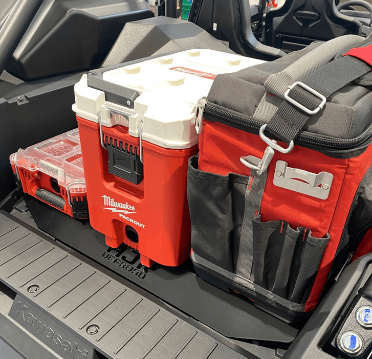 Kawasaki KRX Packout Mount 1.5 by AJK Offroad right side view of a kit with two coolers installed