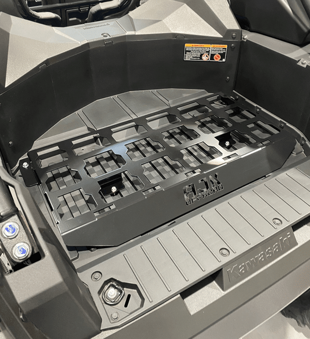 Kawasaki KRX Packout Mount 1.5 by AJK Offroad left side view of empty packout mount installed in vehicle