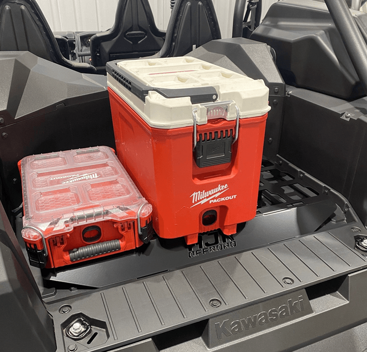Kawasaki KRX Packout Mount 1.5 by AJK Offroad installed with one kit and one ooler, left side view