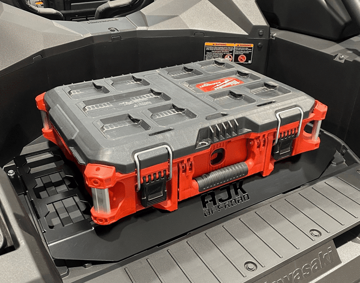 Kawasaki KRX Packout Mount 1.5 by AJK Offroad with one large kit installed side view