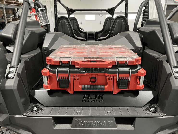Kawasaki KRX Packout Mount - Subwoofer Compatible by AJK Offroad large kit installed with wide slim kit on top   