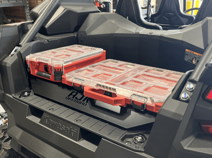 Kawasaki KRX Packout Mount - Subwoofer Compatible by AJK Offroad Right Angle of Two Kits Installed   