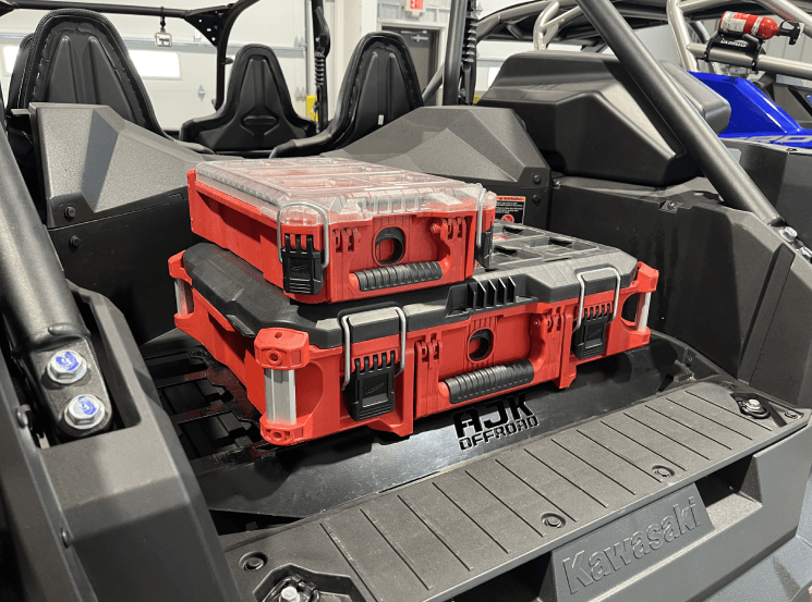 Kawasaki KRX Packout Mount - Subwoofer Compatible by AJK Offroad with large kit and smaller kit stacked on top   