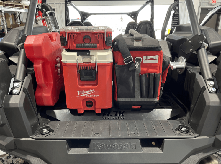 Kawasaki KRX Rotopax Mount by AJK Offroad Installed with Full Back Straight On View