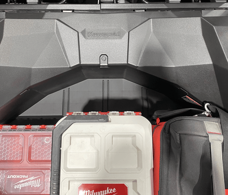 Kawasaki KRX Packout Mount 1.5 by AJK Offroad close up of top down view of mount installed with kits