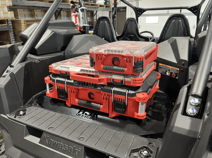 Kawasaki KRX Packout Mount - Subwoofer Compatible by AJK Offroad large kit with slim kit and smaller kit stacked right side view   