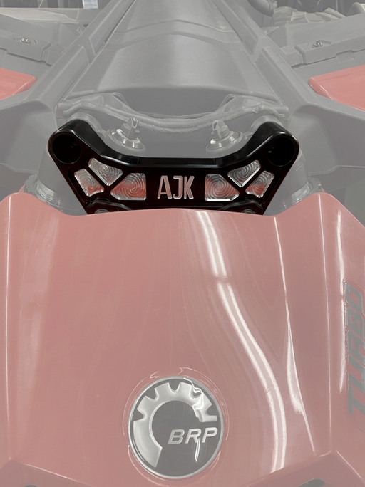 Can-Am Maverick X3 Billet Aluminum Shock Tower Brace by AJK Offroad Installed On Red Can Am Front View